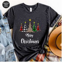 Merry Christmas Trees with Buffalo Plaid Leopard T shirt, Christmas Tree Sweatshirt, Christmas Sweatshirt, Christmas Swe