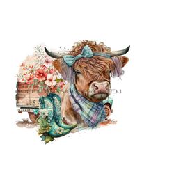 Highland cow PNG for sublimation, wildflower digital downland, vintage truck PNG clipart, long haired cow PNG, farm clipart for sublimation.