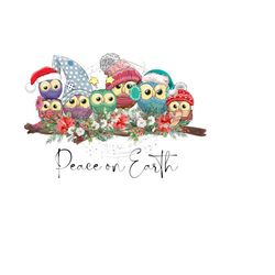 Cute Christmas Owls PNG - 'Peace on Earth' - Owls wearing Winter Hats & Santa Hats - Flower Accents - Sublimation Clipart - Digital Download