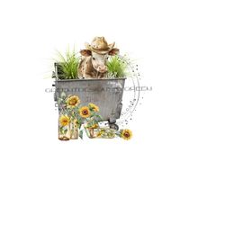Calf in Metal Dumpster Whimsical PNG - Sunflowers, Mason Jars, Vintage Glass Bottles - Farm Animal Sublimation - Digital Download