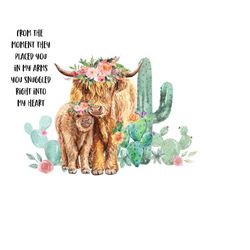 Mother & Child Bond Clipart - Whimsical Longhaired Cow and Calf - Cacti and Flowers - Sublimation PNG, Printable JPG - Instant Download
