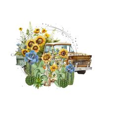 Festive Cactus, Flowers & Vintage Truck Sublimation PNG - BoHo Design - Sunflowers, Rustic Glass Bottle - Western Vibe - Digital Download