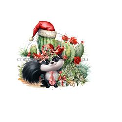 Whimsical Skunk Cowboy Clipart - Western Christmas Cactus Sublimation Design - Holiday Skunk with Western cowboy hat - PNG Digital Download