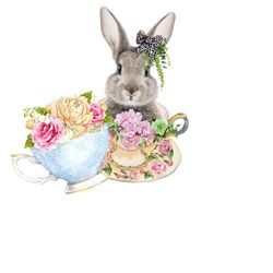 Easter bunny PNG digital download, rabbit sublimation, vintage tea cup design, tea cup PNG files, Easter bunny clipart, Easter clipart.