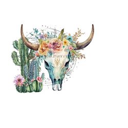 Cow skull, wildflowers and cactus Western PNG,  Western cow face PNG, rustic cow sublimation, cowboy PNG, cactus clipart, cow skull Png.