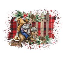 Desert Christmas Clipart - Whimsical Gnome Cowboy, Cactus, Western Ranch -Rustic Black and Red Background- Sublimation PNG -Digital Download