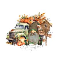 Fall Gnome & Pumpkin Harvest Clipart - Vintage Truck - Rustic Digital Download
