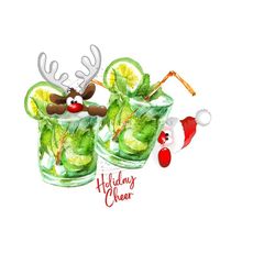 Holiday Cheer Seasonal Clipart - Santa, Reindeer, and Mojitos - Christmas Cocktail - Sublimation PNG & Printable JPG - Instant Download