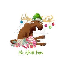 funny christmas presents png - reindeer, santa hat, ornaments on antlers - 'oh, what fun' - sublimation design - digital download