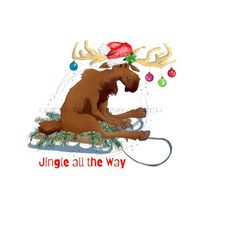 jingle all the way sublimation png - funny reindeer on sled with christmas garland - santa hat, ornaments on antlers - digital download