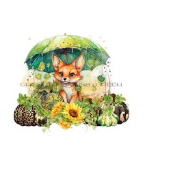 Cute Fall Fox with Umbrella PNG - BoHo Pumpkins, Gourds, Sunflowers, Vines - Autumn Harvest - Digital Download