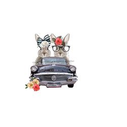 BoHo Bunnies in Vintage Car Sublimation PNG - Whimsical Design - Flowers, Leopard Print Hairbow - Digital Download