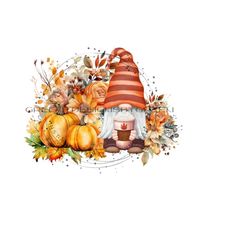 Autumn Gnome Drinking Coffee Sublimation PNG - Fall Harvest Clipart - Pumpkins, Fall Leaves & Foliage - Printable JPG - Digital Download