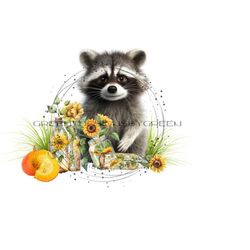 whimsical raccoon sublimation png - sunflowers, mason jars, glass bottles, squash - digital download