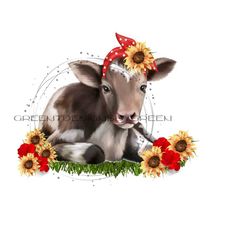 Cow PNG, black & white calf, red bandana, sunflowers, farm life sublimation, sunflower PNG, Western clipart, baby cow PNG, calf sublimation