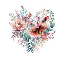 Heart PNG download, piglets in love clipart, flowered heart sublimation, pig sublimation, pig clipart, Farm sublimation, Pig PNG.