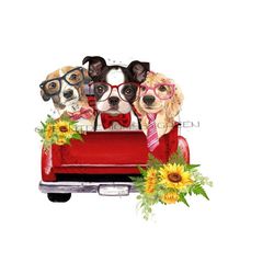 Dog PNG, dogs in truck design, vintage truck clipart, dog in glasses PNG, dogs in bow tie riding in vintage truck, vintage red truck
