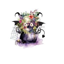 Whimsical Spooky Clipart - Skull in Cauldron, Floral Accents, Spider & Web, Devil - Sublimation PNG and Printable JPG - Digital Download