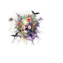 BoHo Skull In Spider Web Clipart - Spider, Bats - Purple Splatter, Flowers - Sublimation Download & Printable JPG - Digital Download
