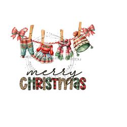 Holiday Clothing on Clothesline Sublimation PNG - Sweater, Hat, Scarf and Dress - 'Merry Christmas' Ugly Sweater Clipart - Digital Download