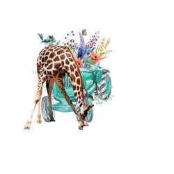 Tractor clipart, Giraffe PNG, giraffe on tractor clipart, digital download PNG, farm tractor sublimation, wildflower sublimation download.