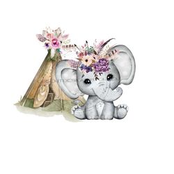 Adorable Baby Elephant & Teepee Sublimation PNG - Floral Accents - Children's Clipart - Digital Download