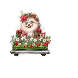 Holiday Hedgehog Sublimation PNG, Christmas Design, Vintage Truck, Flowers, Holly, Presents, Holiday Clipart - Digital Download