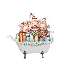Cute Holiday Pigs Bath Time Sublimation PNG, Bath Tub, Christmas lights, Presents - DTF Design - Funny Christmas Clipart - Digital Download