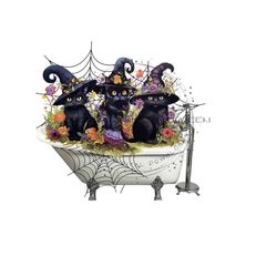 Whimsical Black Cat Halloween Clipart - Witch Hats, Bathtub, Flowers, Spider Webs - Eccentric Design - Sublimation PNG - Digital Download