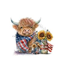 American Flag Longhaired Cow Sublimation PNG - Sunflowers, Mason Jars - Digital Download