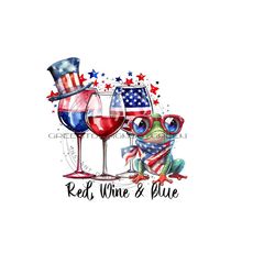 red wine & blue frog sublimation png - patriotic american flag decor - comical digital download