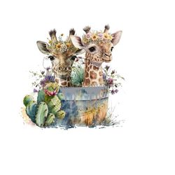 Giraffe PNG image, giraffe in metal tub clipart, digital download PNG, giraffe clipart, giraffe sublimation,  wildflower sublimation.
