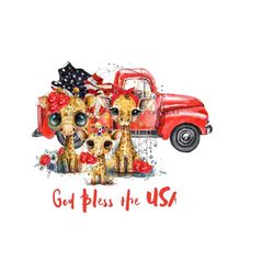 Giraffe PNG image, patriotic giraffe in vintage red truck' God Bless the USA' giraffe clipart, giraffe sublimation, wildflower sublimation.