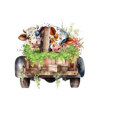 Whimsical Cow in Vintage Truck PNG - Funny Face Sublimation Design - Western Farm Clipart - Ivy and Flowers - Digital Download