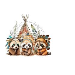 Native American Panda Bear Sublimation PNG - Baby Panda with Feather Headdress - Teepee Background - Western Theme Digital Download