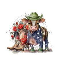 American Flag Brown Cow Sublimation PNG - Floral Cowboy Boots Accent - Digital Download