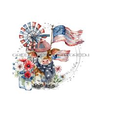 cute patriotic cow sublimation png - windmill & usa flag backdrop, red white blue flowers in mason jars - digital download