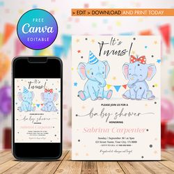 Twins Baby Shower Invitation, Elephant Baby Shower Invitation Canva Editable and Printable Digital Download