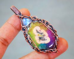 Moonstone Pendant Rainbow Solar Quartz Pendant Wire Wrapped Handmade Jewellery Copper Wire Jewellery Women's Gifts