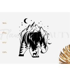 Bear And Mountains Svg, Animal Svg, Mountain Png,  Night Svg, Adventure Bear Silhouette Svg, Png, Dxf, Eps