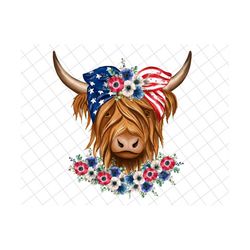 Happy 4th Of July Png, Highland Cow Png, Fourth Of July Png, Highland Cow With 4th July, American Flag, Independence Day,Floral Highland Cow