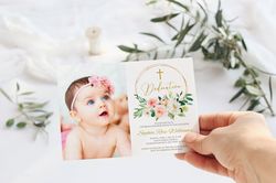 floral dedication invitation, editable template, printable photo blush pink & white flowers invite, pink girl dedication
