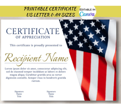 Editable American Flag Appreciation Certificate | USA Veteran's Certificate of Achievement Customizable Template