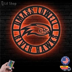 UMass Lowell River Hawks Metal Sign, NCAA Logo Metal Led Wall Sign, NCAA Wall decor, UMass Lowell LED Metal Wall Art