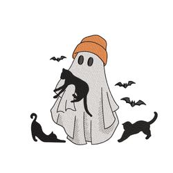 Ghost with Black Cats Embroidery Design, Halloween Machine Embroidery Design, 3 sizes, Instant Download