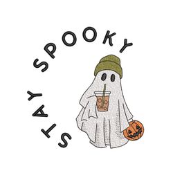 Ghost with Iced Coffee Embroidery Design, Stay Spooky Embroidery Design, Halloween Ghost Embroidery Design, 3 sizes, Ins