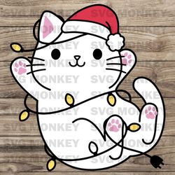 Christmas cat SVG Cat with Santa Hat cut file Christmas lights Cute Funny kitty Holidays Kids Baby SVG EPS DXF PNG