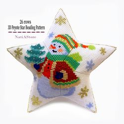 Snowman 3D Peyote Star, Beading Pattern, White Christmas ornament, Beaded star, Xmas Tree Decor