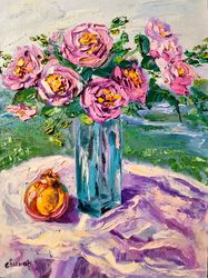 Pomegranate Glass Vase Flowers Pink Roses Impasto Oil Painting Original Artist Svinar Oksana