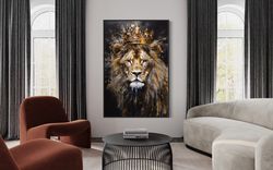 Lion King With Crown Wall Art, Lion Abstract Painting Extra Large Canvas Print, Game Room, Man Cave Wall Decor Ready To